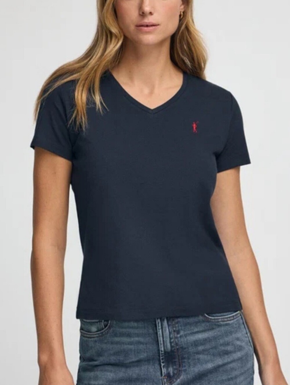 Ralph Lauren Women's Navy V-Neck Polo T-Shirt with Red Pony ~ Size Large